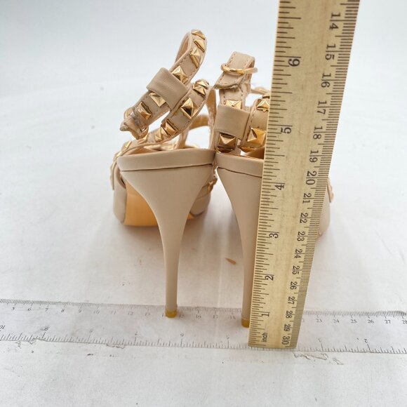 FSJ Nude Dazzling High Heels Sandals Ankle Buckle Rivet Studded T-Strap Shoes - Picture 4 of 7